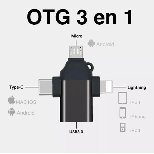 Adaptador OTG USB C Micro USB y Lightning a USB 3.0 Adaptador OTG USB C Micro USB y Lightning a USB 3.0