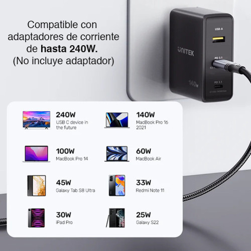 Cable USB C Carga Rápida 240W PD 3.1 de 2 mts