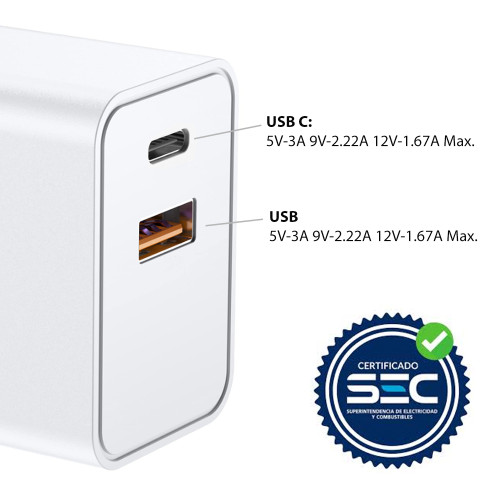 Cargador celular certificado USB C y USB Carga Rápida 