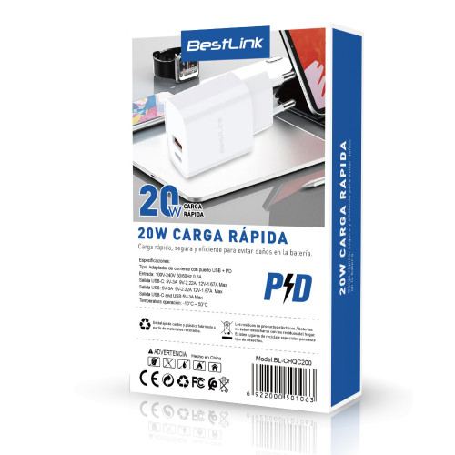 Cargador USB C Carga Rápida 20W certificado SEC