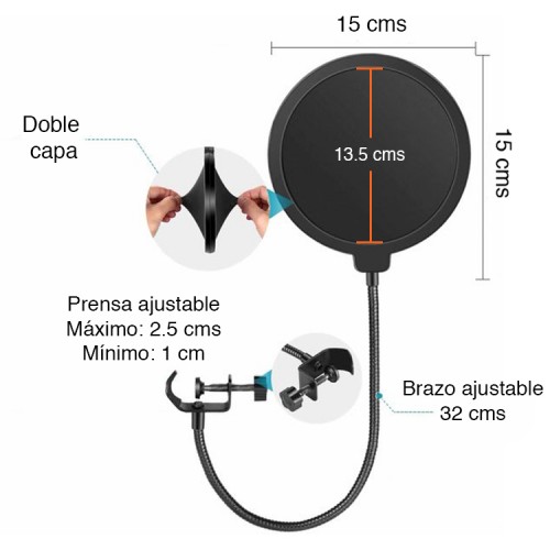 Antipop Filtro Doble Capa para Micrófono Condensador 