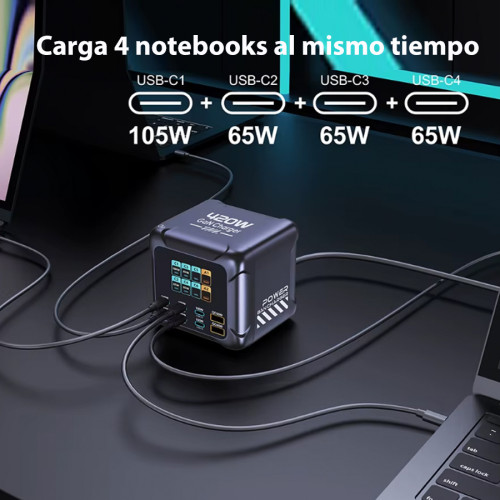 Cargador múltiple 8 puertos USB C y USB GaN 420W