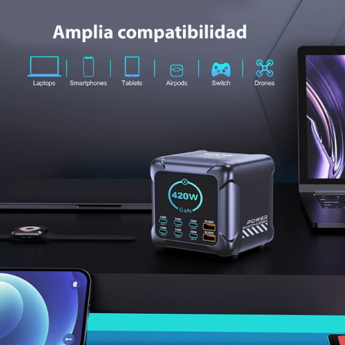 Cargador múltiple 8 puertos USB C y USB GaN 420W
