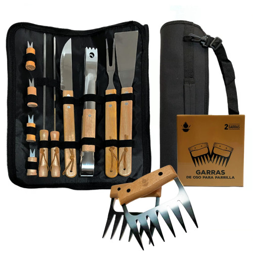 Kit parrillero  12 piezas con garras de oso y bolso