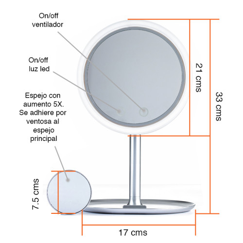 Espejo Cosmético con luz led y ventilador Espejo Cosmético con luz led y ventilador