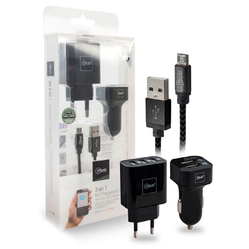 Kit 3 en 1 cargador auto pared Micro USB Kit 3 en 1 cargador auto pared Micro USB
